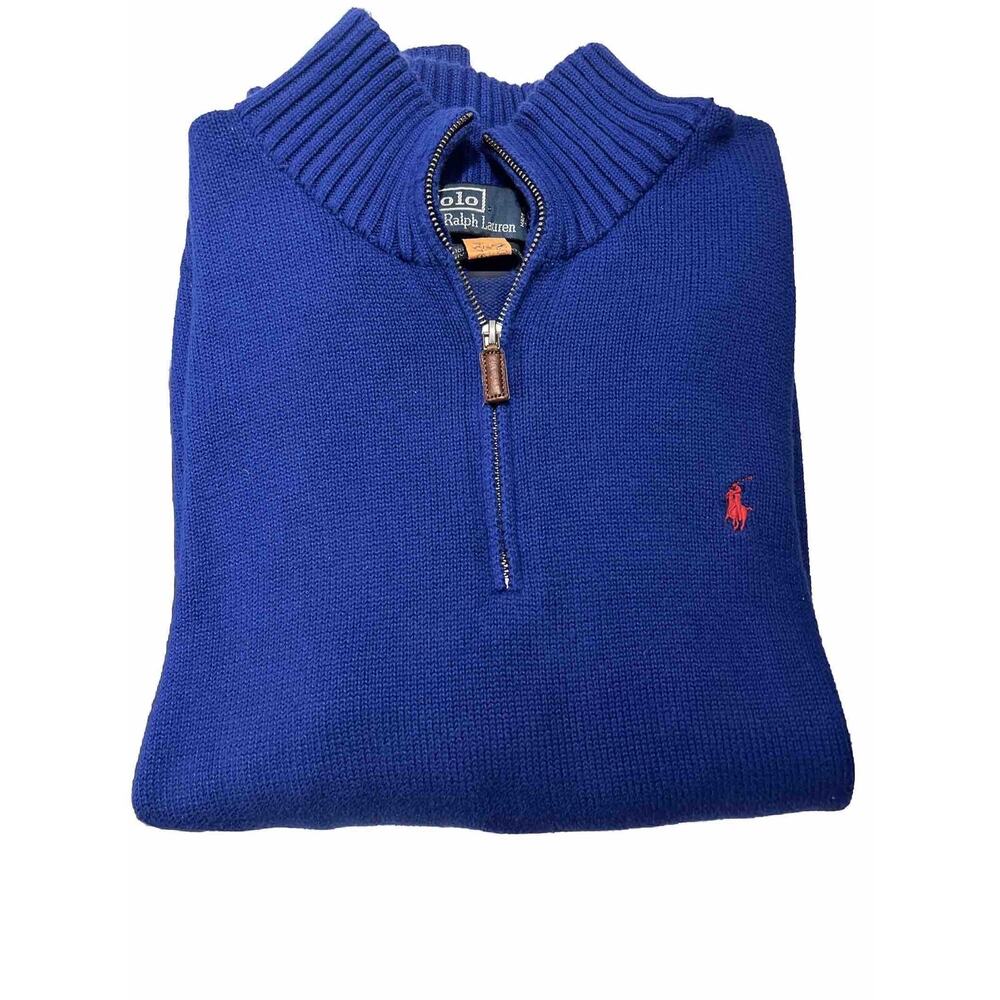 Ralph Lauren Royal Blue Half-Zip Red Pony Pullover Sweater Sz L